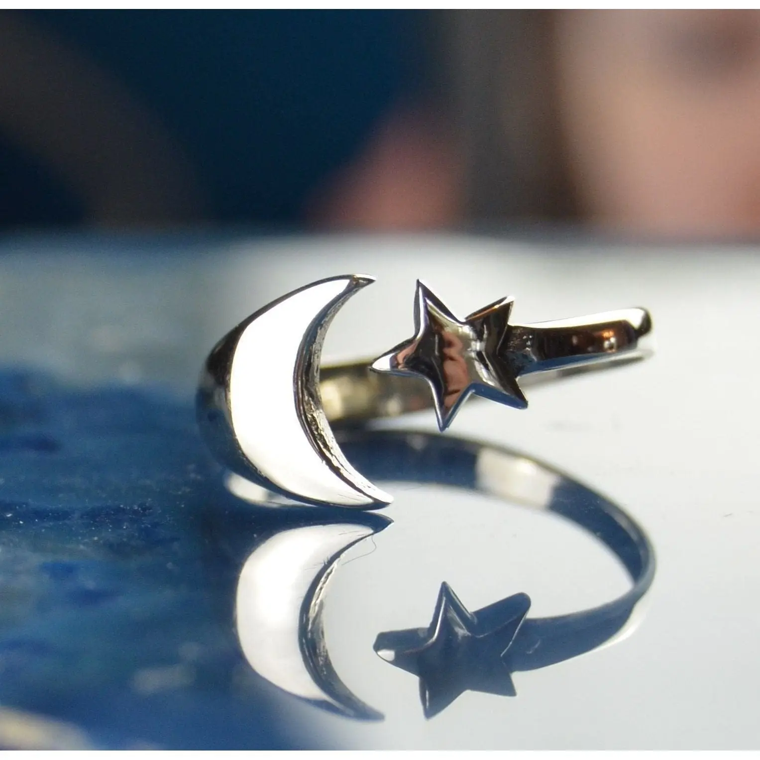 Sterling Silver High Polish celestial Crescent Moon and Star ring