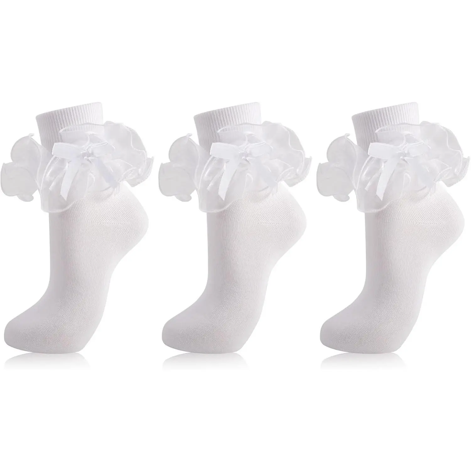 Women Big Ruffle Ankle Socks Double Lace Frilly Dress Socks with Bow Cute Crew Turn Cuff 80s Fancy Bobby Bride Sock