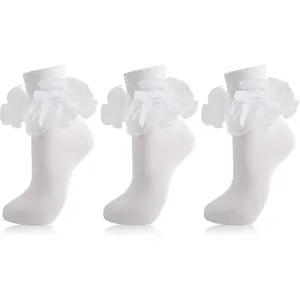 Women Big Ruffle Ankle Socks Double Lace Frilly Dress Socks with Bow Cute Crew Turn Cuff 80s Fancy Bobby Bride Sock