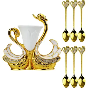 Swan Base Holder Spoons Set, Decorative Swan Flatware with 6 Spoons, Coffee Spoons Organizer for Dessert Ice Cream Cake  Fruit Sugar