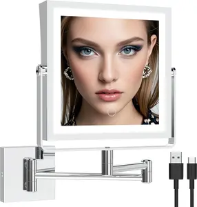 Rechargeable Wall Mounted Makeup Mirror with Lights, Double Sided 1X/10X Magnifying Vanity Mirror with 3 Color Lighting, Touch Screen Dimmable, 360 Rotation Extension Foldable Arm(Chrome)