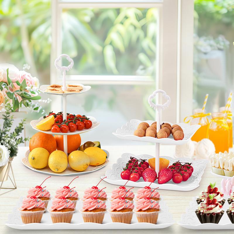 ZUMELER White Plastic 6Pcs Cupcake Stand Set with 3Tier & 2Tier Design for Kitchen Use, Ideal for Weddings, Baby Showers, and Tea Party Organizers Round Rectangle