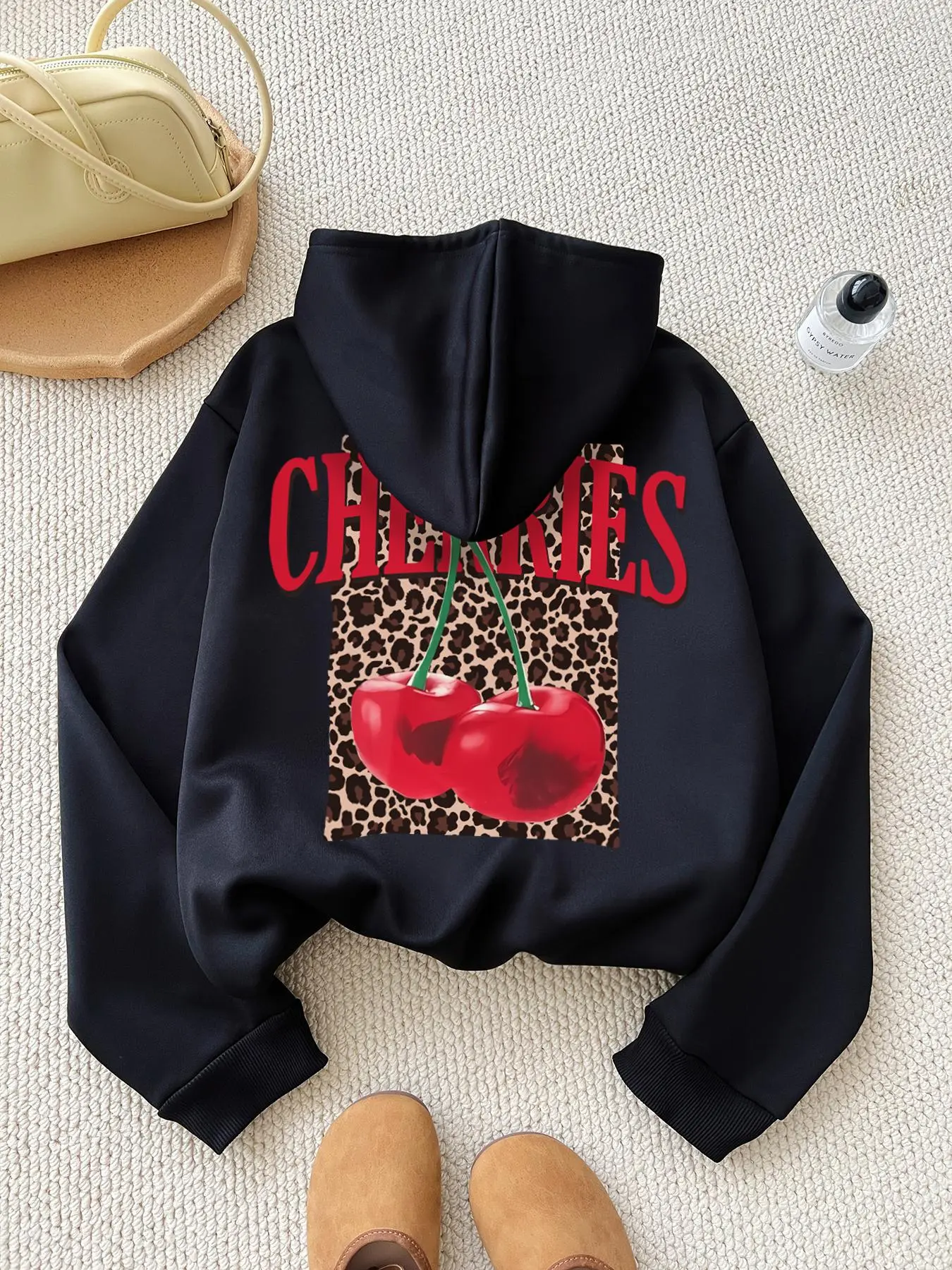 Women's Cherry & Letter & Leopard Print Drawstring Pocket Thermal Lined Hoodie, Drawstring Graphic Hoodie, Casual Long Sleeve Hooded Sweatshirt for Fall & Winter, Women's Clothes for Daily Wear