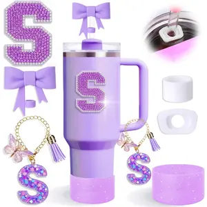6pcs Purple Stanley Cup Accessories Set,Bow Straw Cover for Stanley Cup 30oz 40oz, Including Straw Topper,Spill Proof Stopper,Sparkly Silicone Boot Set,Handle Charm,Initials Sticker (S)