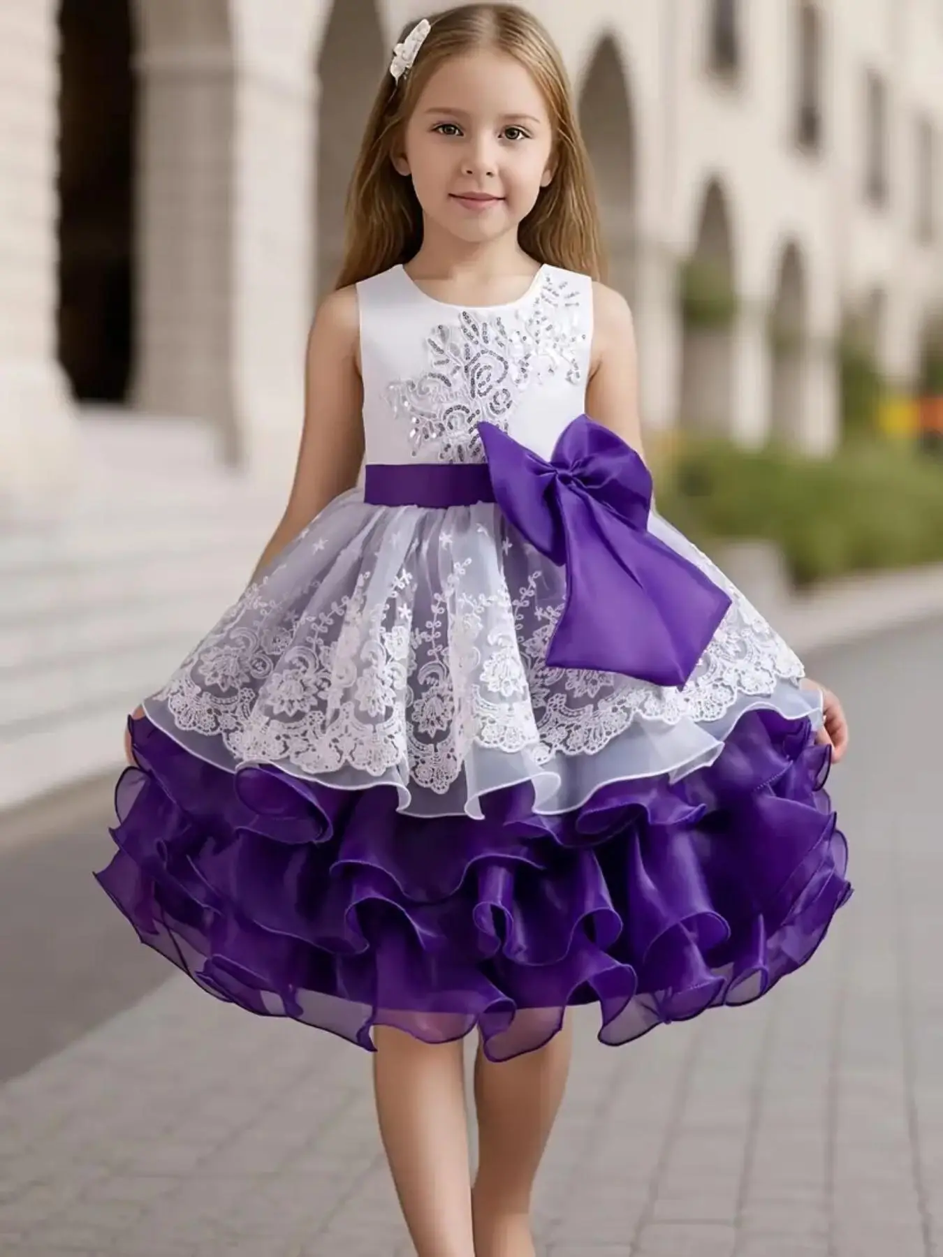 Girl's Floral Jacquard Belted Tulle Sweater Dress, Elegant Puff Sleeve Round Neck A Line Dress for Party Performance Wedding Guest, Kids Clothing for