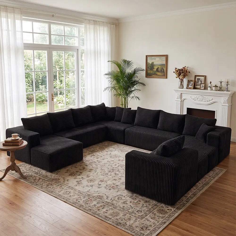 154" Oversized Boneless Modular Sectional Sofa, U-Shaped Deep Seat Cloud Couch, No Assembly Required, 10-Seater Large Capacity Modern Wide Rib Corduroy Living Room Sofa, Black, 2 Sets Combination