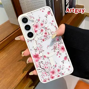 Magnetic Phone Case Supports Wireless Charging compatible with Samsung Galaxy S23 Ultra S24 Plus FE S25 S22+ Cherry Blossom Dream Pattern Anti-Yellowing Shockproof durable ultra-thin Crystal Transparent Acrylic Cover