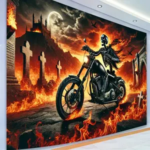 1pc Extra Large Motorcycle Rider Tapestry - Gothic Heavy Metal Poster - Fiery Skeleton Biker with Flames & Castle - Black & Fiery Red/Orange/Gray/Gray/Black - Birthday, Halloween, Bar Decor - Bold Motorcycle Enthusiast Wall Hanging - Durable - Easy Hang I