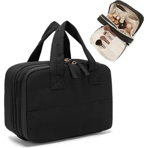 Small Makeup Bag, Travel  bag, Toiletry Bag For Women, Make up Bag With Brush Storage,  Toiletry Bag, Puffy Padded Makeup Organizer Case, Wide-open Travel Essentials (Black)