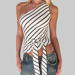 One Shoulder Striped Tie-Waist Ruched Crop Top Women's 2026 Spring Summer Outfit Slim Fitting Adjustable Tie Waist Stretchy Fabric Versatile Daily Fashion Top