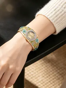 Elegant Quartz Watch for Women, Vintage Enamel Floral Diamond Bracelet Style, Luxury Lightweight Luxe Unique Ladies Wristwatch