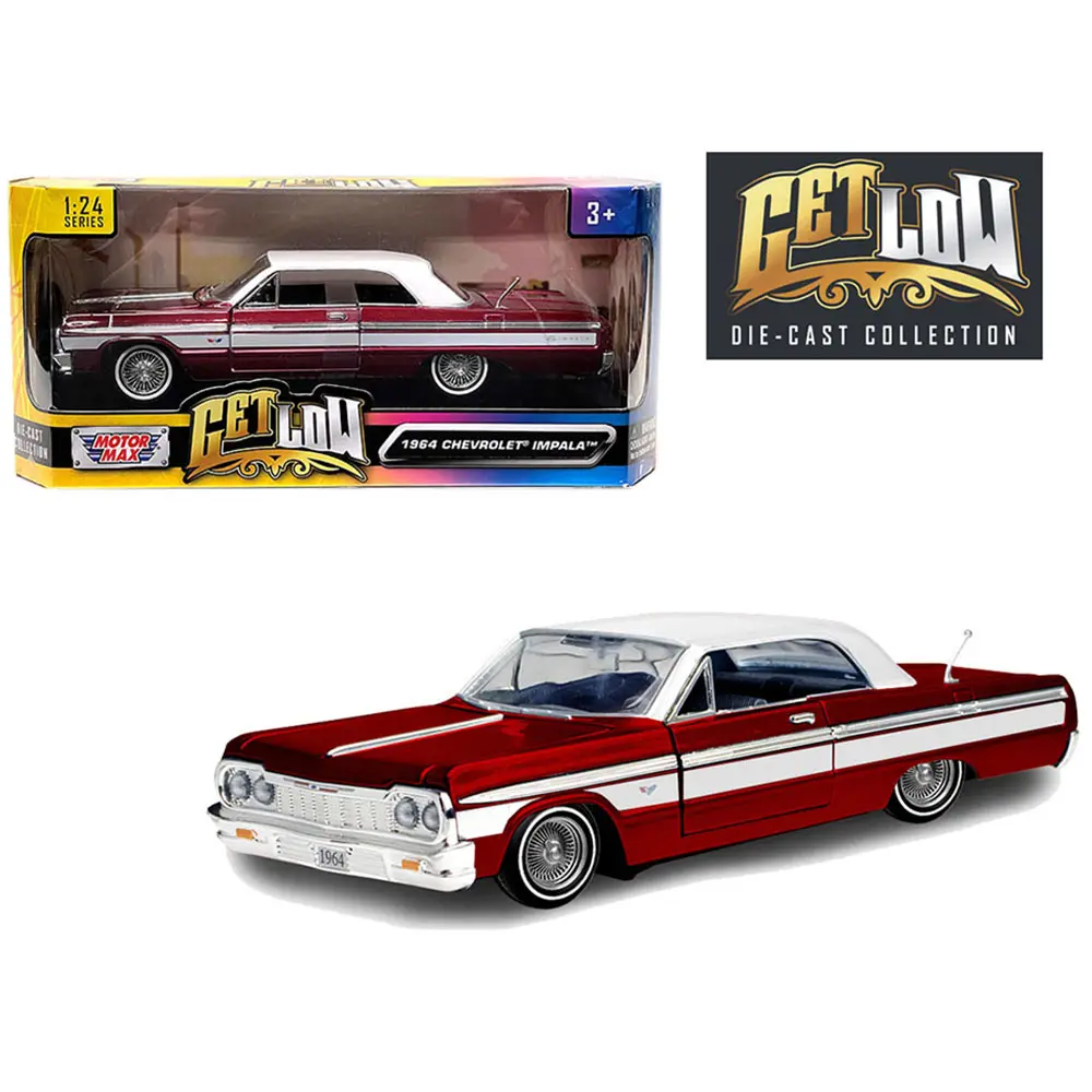 1964 Chevy Impala Lowrider Hard Top Candy Red Metallic with White Top Get Low Series 1/24 Diecast Model Car by Motormax