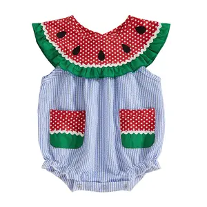 Newborn Baby Girl Watermelon Romper Jumpsuit Ruffle Collar Sleeveless Seersucker Stripe Onesie Bodysuit Outfit with Pockets Summer Clothes