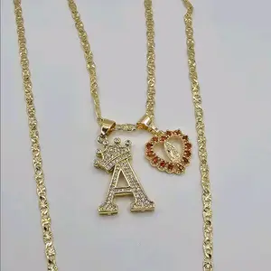 NECKLACE Gift heart virgin mary red stones  with crown letter Gold-plated all initials available