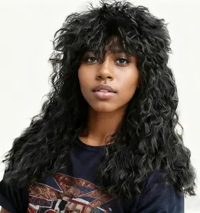 TwiceBeauty 20inch Long Curly Black Wig 70s 80s Synthetic Glueless Rocker Mullet Party Funny Costume Wig for Women Men and Women Cosplay  Daily Travel Use