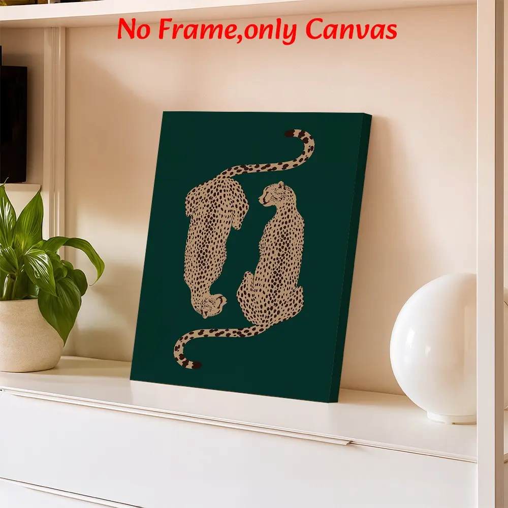 Animal Wall Art Painting, Emerald Green Cheetah Pair Poster, Retro Dopamine Decor Style Printing, Green Toned Canvas Decoration, Living Room & Entryway Aesthetic, Perfect Gift For Animal Lovers, Unframed.