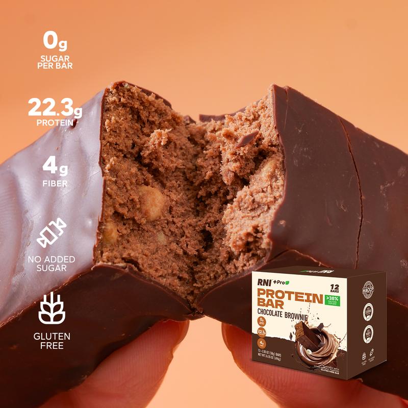 RNI Chocolate Brownie Protein Bar with 22g Protein (38% High Protein) — Zero Sugar, Gluten Free, Low Calorie with Protein Crisps, Keto-Friendly, Nutritious Snacks to Support Energy, Perfect for Post-Workout & Healthy Snacking, 12 Bars