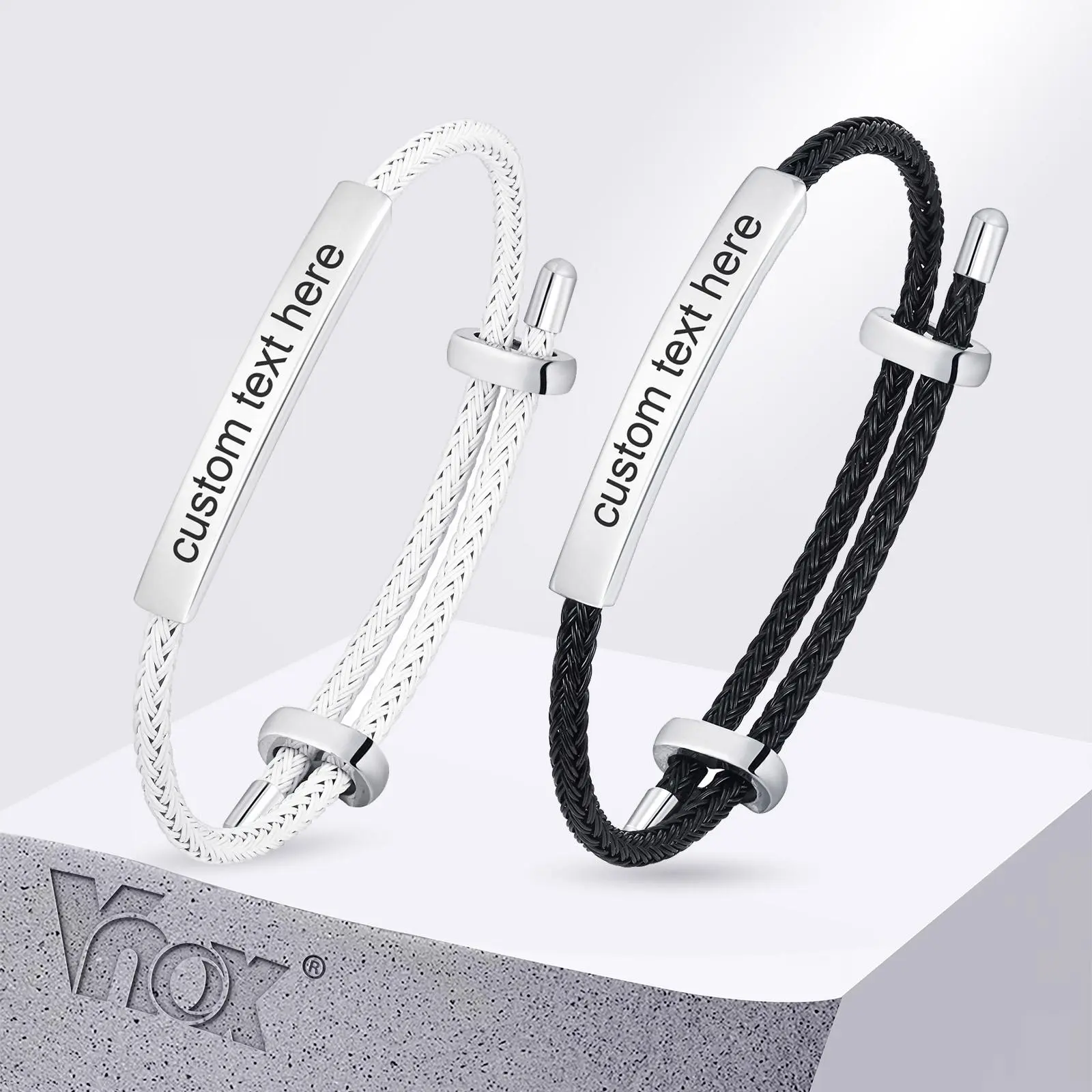 Vnox Free Engrave Name Words Stainless Steel Bar Bracelets,Adjustable Twisted Rope Shaped Metal Bangle,Personalized Gift for Men