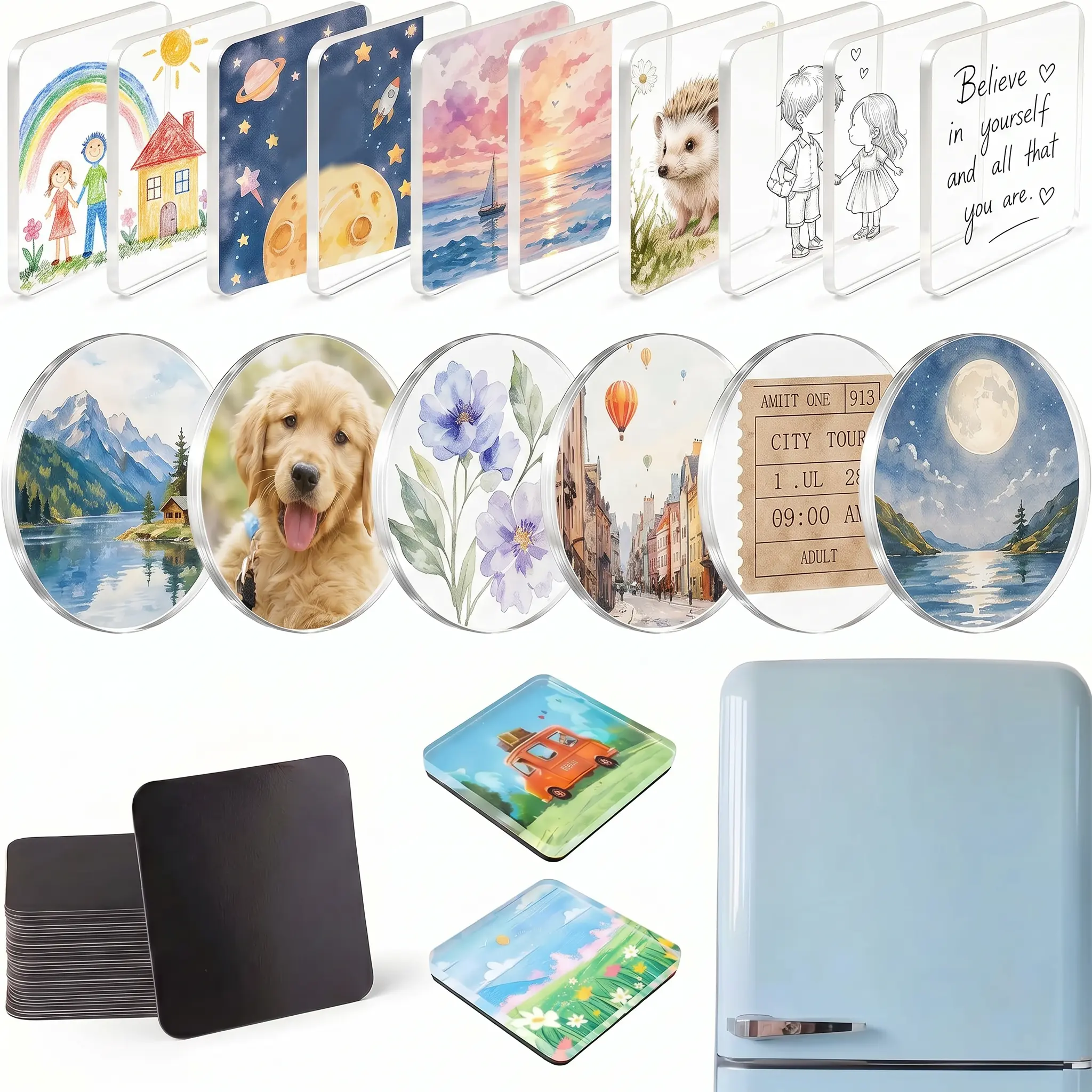 DIY Fridge Magnet Kit - Square Clear Acrylic Magnetic Set with Adhesive Backing for Photo,Crafts,Office,Classroom,Cabinets,Kitchen,2 Inch Bingxiang