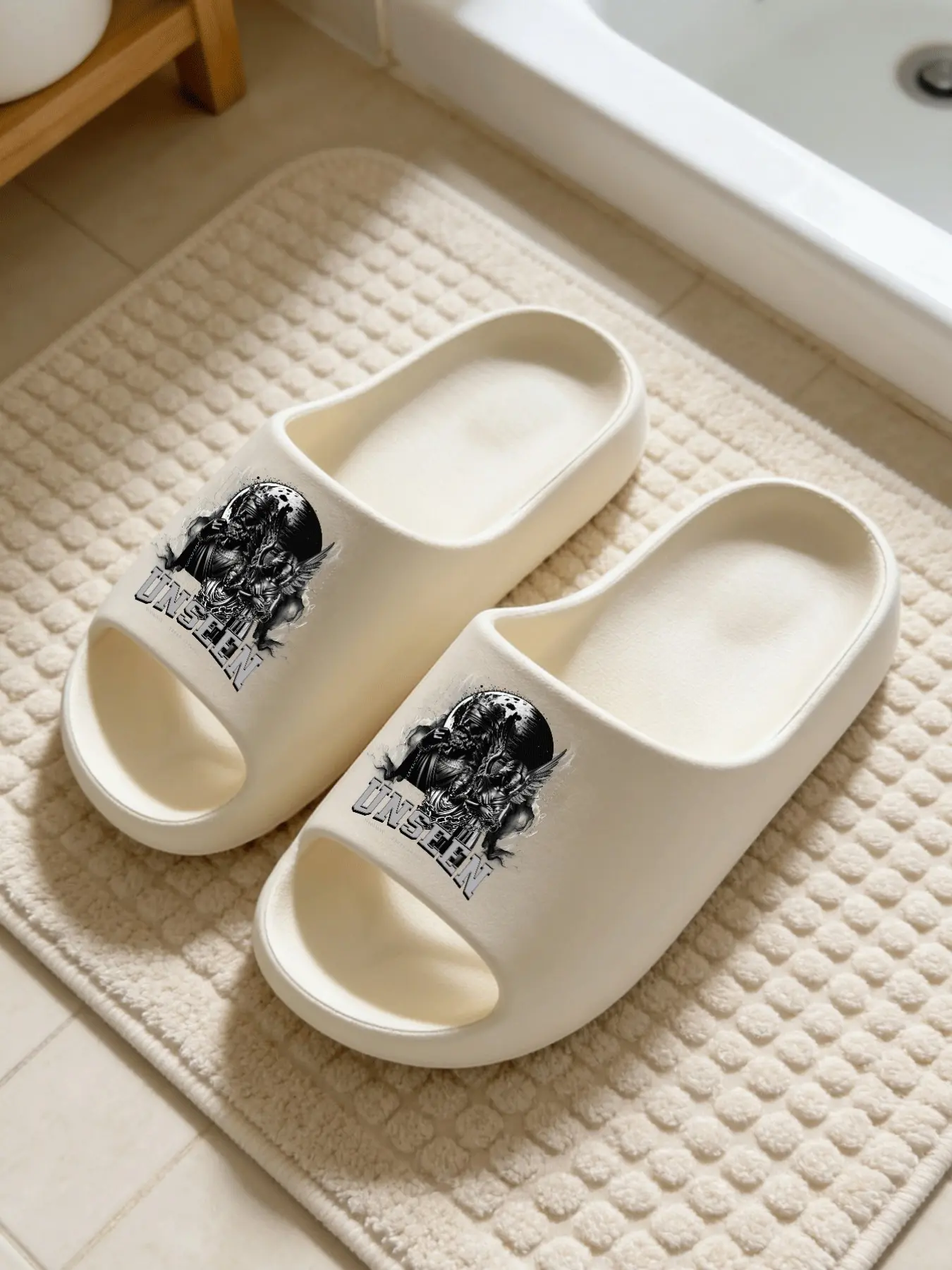 Dark Moon Angel Print Fashion Slippers, Heavy Metal Cool Style, Thick Sole Soft Bottom, Couples Home Outdoor Use, Asymmetrical Design