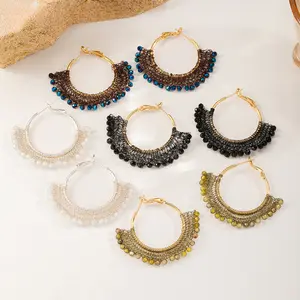 Handmade Woven Copper Wire Large Hoop Earrings with Crystal & Seed Beads, Fan-shaped Beaded Drop Earrings for Men & Women, Metallic Texture, Unique Niche Design, Handcrafted, Birthday Gifts, Party Favors, Souvenirs, Original Jewelry Gifts