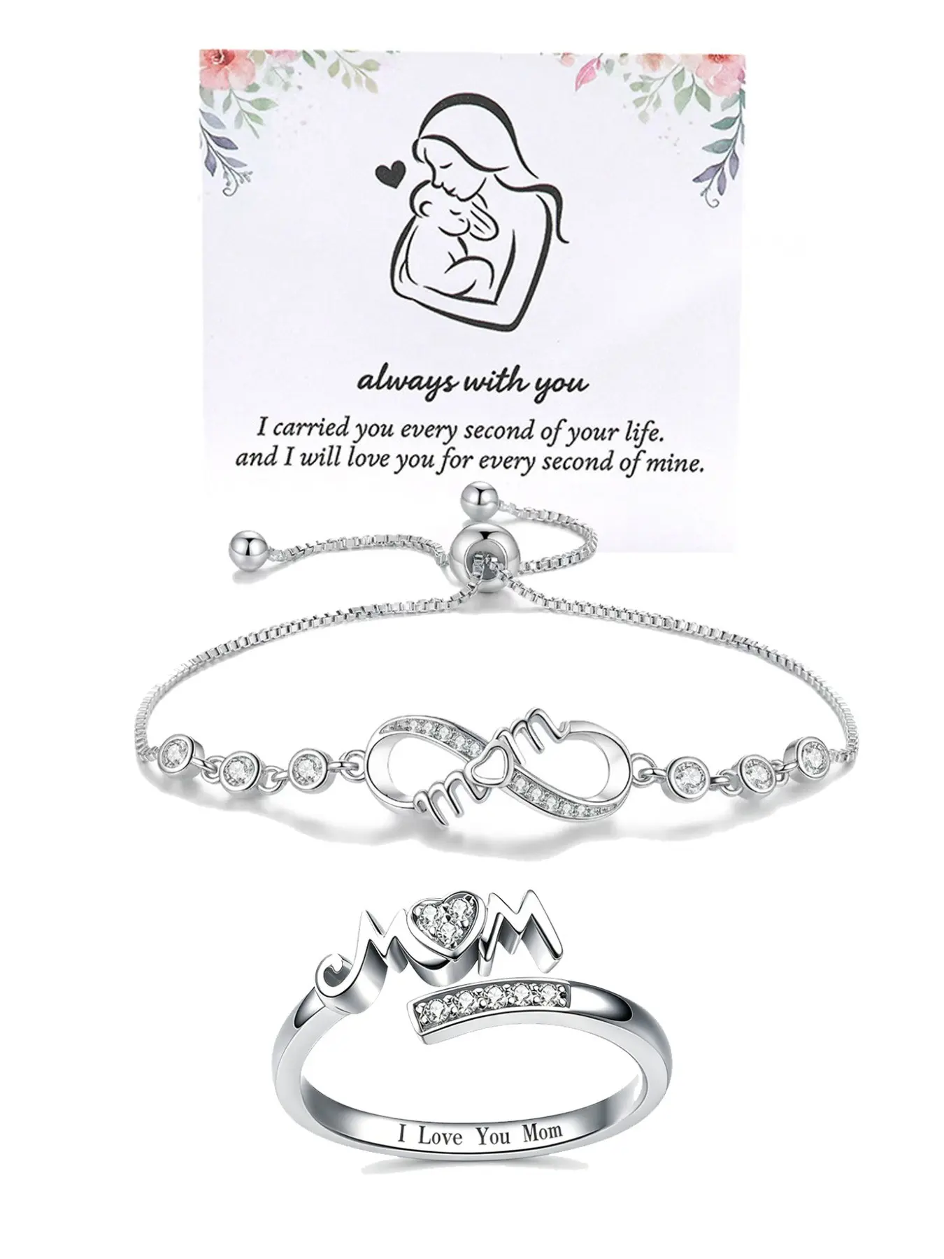 Mother's Day Memorial Ring Set, Elegant Ring, Zirconia Inlaid Heart, Adjustable Heart Mom Cubic Zirconia Jewelry, Perfect Gift for New Moms, Step-Moms, Daughters