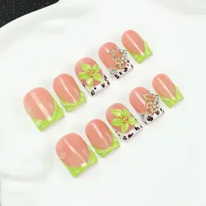 10 square handmade nail tips,Fluorescent green French nail press, leopard print+3D floral fake nails, reusable handmade adhesive nail stickers, fashionable Y2K style nails, suitable for beach date nights，Including toolkits