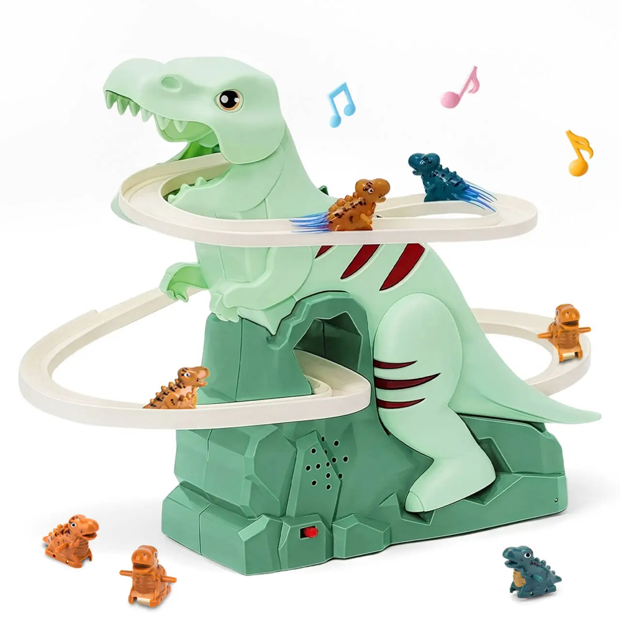 Dinosaur Chasing Race Track Game Set Slide Climb Stairs Toy Roller Coaster Toy with Music Educational Puzzle Playsets Gift for Toddler Kids Boy