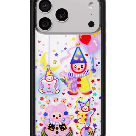 Wildflower Cases Limited Edition Clown-Themed iPhone Case, Raised Black Shockproof Bumper, Cute Colorful Vibrant Clowns-Balloons-Stars-Moon Design, Women's Owned Small Business Smartphone Accessory