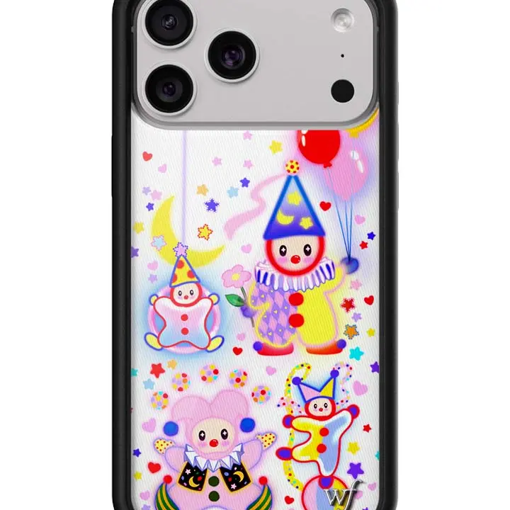 Wildflower Cases Limited Edition Clown-Themed iPhone Case, Raised Black Shockproof Bumper, Cute Colorful Vibrant Clowns-Balloons-Stars-Moon Design, Women's Owned Small Business Smartphone Accessory