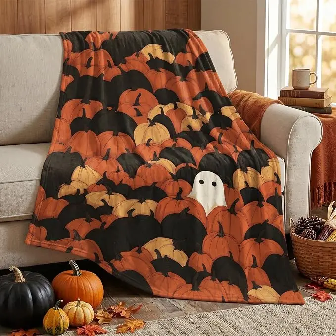 Horaldaily Halloween Pumpkin Goblin Flannel Throw Blanket, Soft Warm Bedding Linen for Home Couch Decor