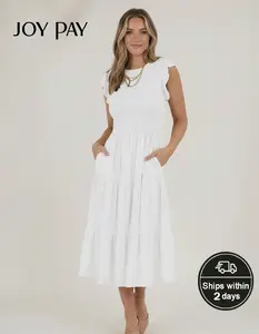 JOYPAY Women's Feminine Flutter Ruffle Sleeve Tiered Maxi Dress - Elegant Smocked Bodice, Lightweight Soft Stretchy Breathable Fabric, Pockets, Ideal for Casual Beach Wear