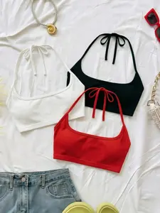 Three-Piece Solid Color Halter Top Set, Tie-Back Backless Sleeveless Short Crop Tank Tops Fit, Summer Casual Wear for Women Womenswear, Halter Neck