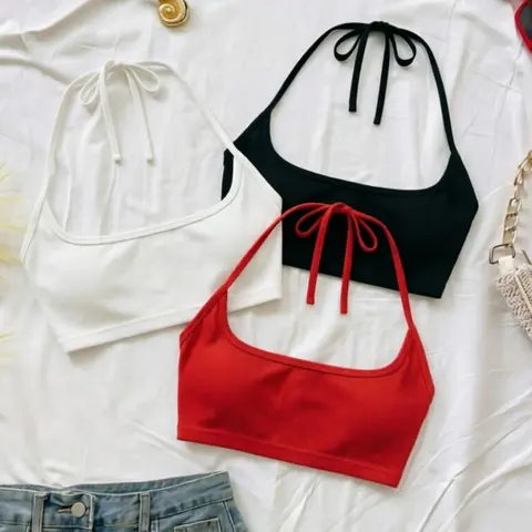 3-Piece Halter Short Top Set, Tie-Back Adjustable Backless Sleeveless Women's Tank Tops, Backless Cropped, Stylish Chic Summer, Casual Elegant Sleeveless, Fit, Comfortable & Trendy, Casual Backless Design