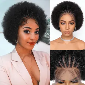 weallbob Braided Cornrow Afro Puff Wig Human Hair for Black Women 13x4 Lace Front Wigs Glueless Pre Plucked Afro Braid Natural Black Hair