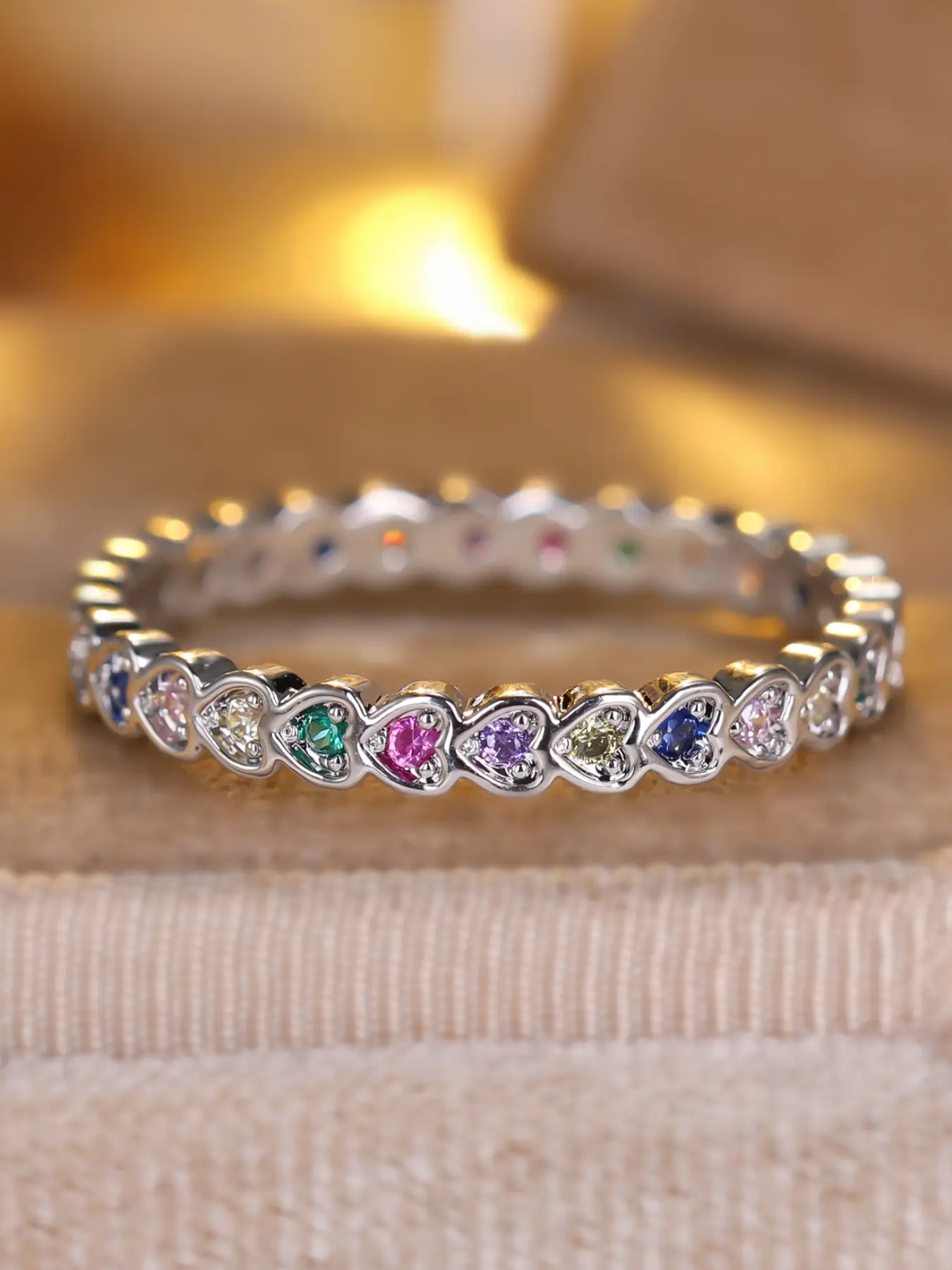 Minimalist Band Ring Heart Design Rainbow Colors Synthetic Zirconia Stackable Finger Rings for Women & Girls, Perfect Gift for Birthdays & Anniversaries, Cubic Zirconia Rings, Stacking Rings, Elegant Everyday Ring