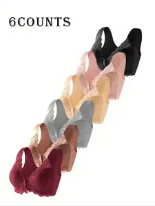 Elegant Women's Front Closure Lace Bra Set, Comfortable Wire-Free Wide Strap Bras for All Seasons, Pack of 6, No Underwire Design Underwear, Lady