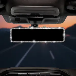 Bling Car Rear View Mirror  Universal 11.81 Inch Panoramic Rearview Accessories With Rhinestones Crystal Edge Interior Clip-on Wide Angle -white