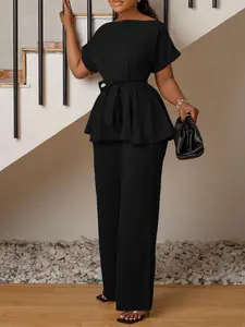 Women's Solid Basic Belted Fitted Batwing Sleeve Top & Wide Leg Pants Two-piece Set, Casual Boat Neck Top & Trousers for Daily Wear, Ladies Fall & Winter Clothes