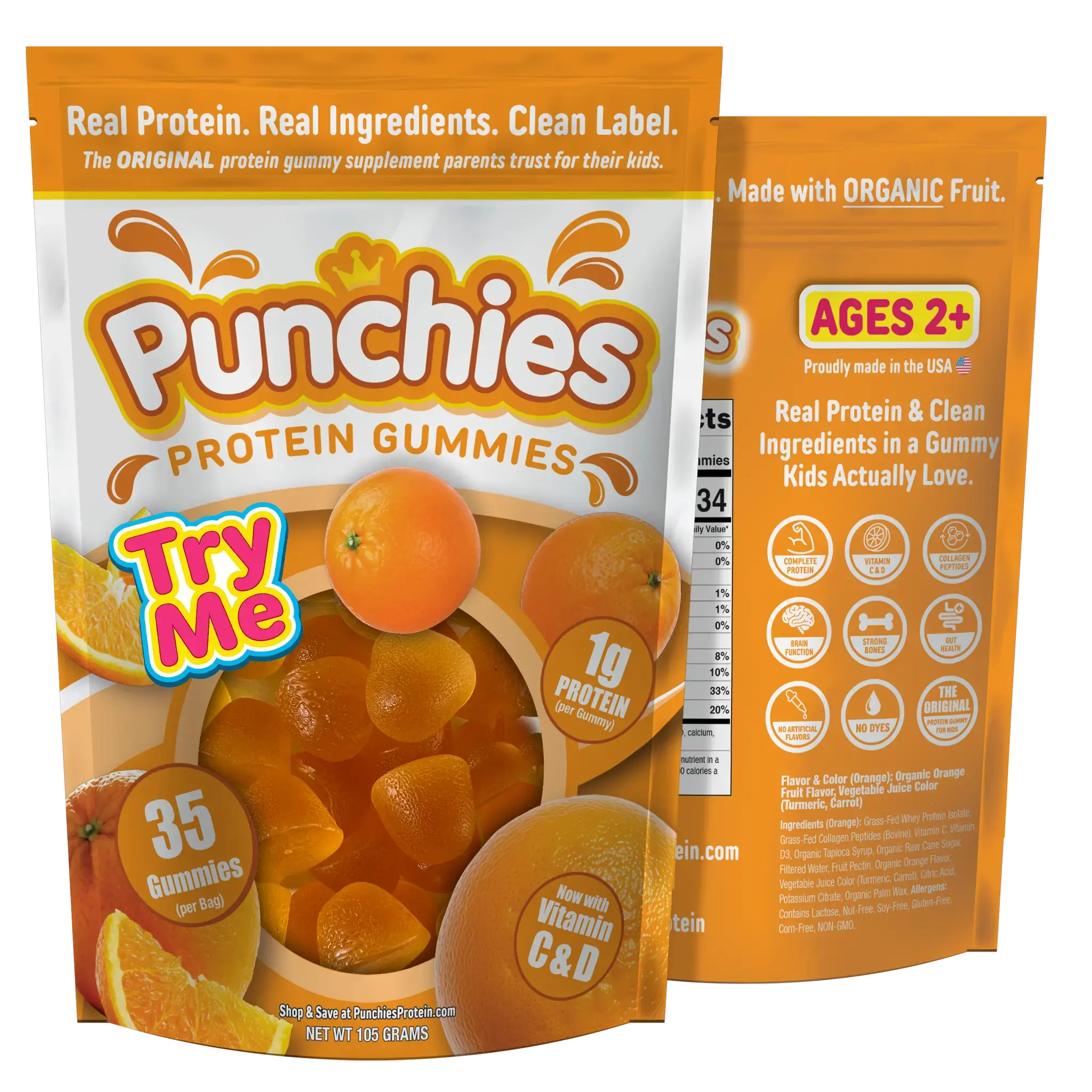 Punchies Protein Gummies for Kids | Whey, Collagen, Vitamin D, Vitamin C | Orange
