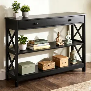 JupiterForce 3 Tires X Shaped Console Table w/ Storage Drawer Multipurpose Entryway Black
