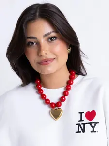 Boho Plastic Round Geometric Beads Love Heart Necklace with Stainless Steel Heart Pendant, Handmade Knot Jewelry for Women, Valentine's Day Gift