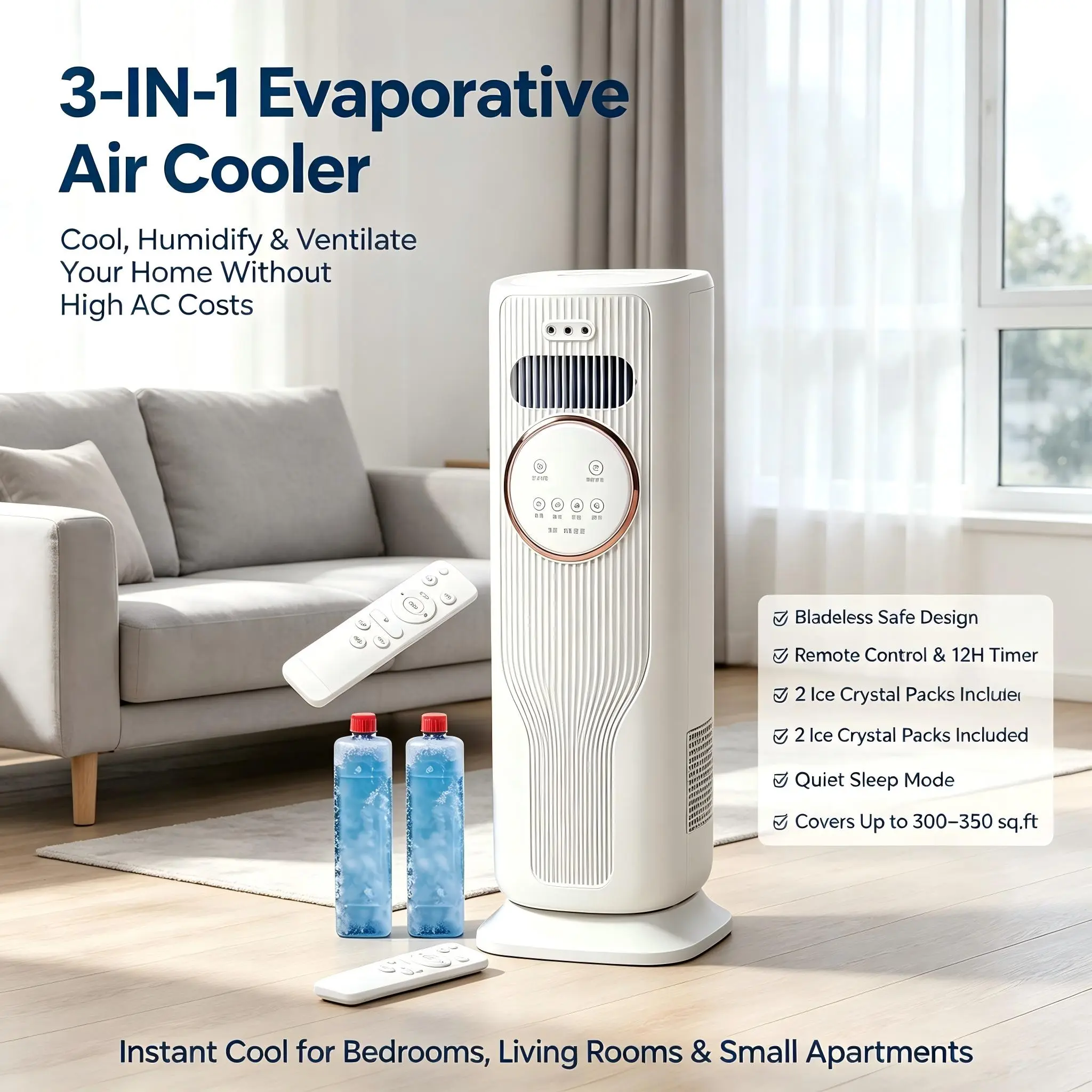 4 in 1 Multi Function Ice Water Cooling Bladeless Fan Portable Evaporative Air Cooler Cool Heat Dual Use Integrated Air Purifier & Mist Humidifier Atomizer, Safe No Blade Space Saving Vertical Tower Fan for Home Bedroom Office Desk
