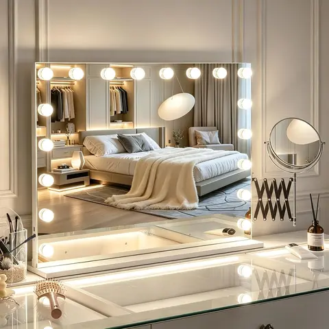 VANITII Large Hollywood Vanity Mirror with 18 LED Bulbs, 32"x23" Dimmable 3-Mode Lights, 3X Magnifier, Safety Design, Lighted Adjustable Tabletop/Wall-Mountable Cosmetic Mirror for Women's Bedroom Home Decor Gift, Led Dimmable Mirror