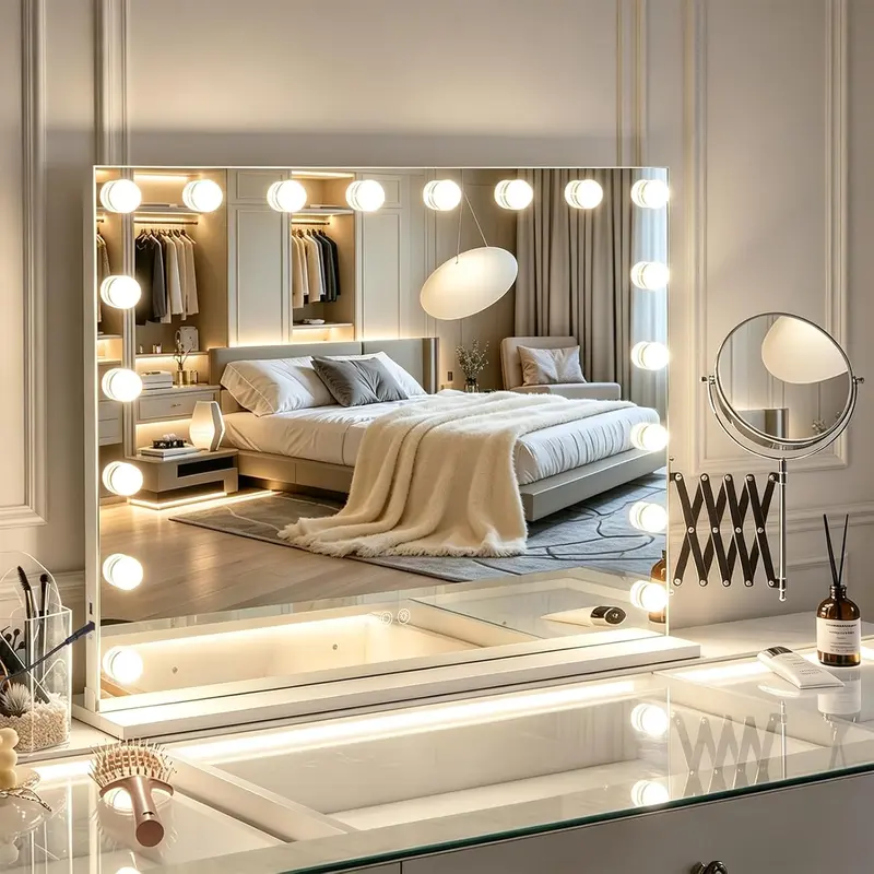 VANITII Large Hollywood Vanity Mirror with 18 LED Bulbs, 32"x23" Dimmable 3-Mode Lights, 3X Magnifier, Safety Design, Lighted Adjustable Tabletop/Wall-Mountable Cosmetic Mirror for Women's Bedroom Home Decor Gift, Led Dimmable Mirror
