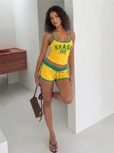 Women's Summer Brazil Flag Print Fitted Short Top + Shorts Set, Casual Daily Wear, Suitable for Fitness and Football Matches