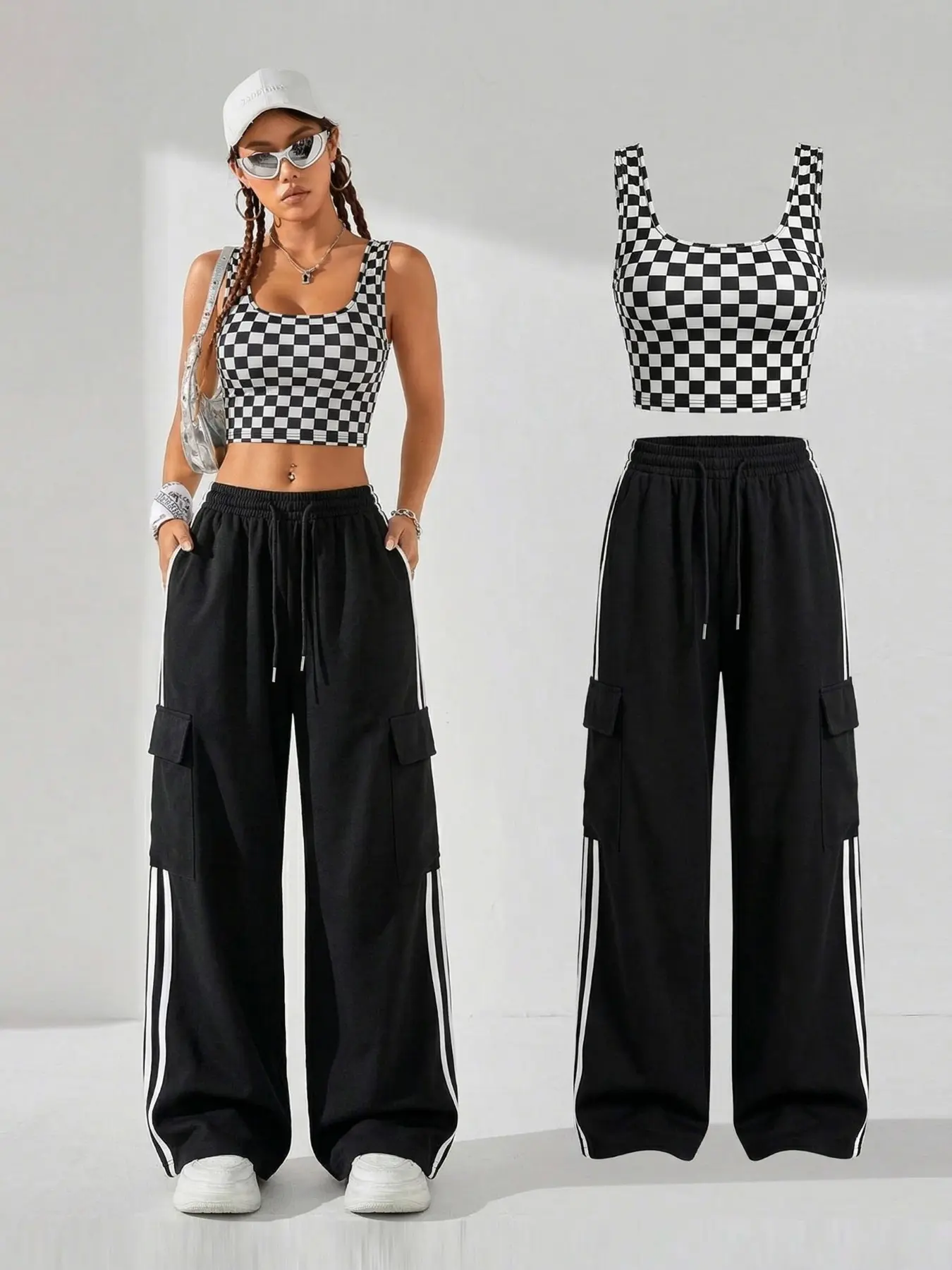 Women's Black and White Checkered Sleeveless Vest + Striped Cargo Wide-Leg Pants Street Cool Streetwear Two-Piece Set - Y2K Hot Girl Style Casual Sports Suit Fashion Womenswear Sleeveless Matching Clothing Set