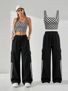 Women's Black and White Checkered Vest + Striped Cargo Wide-Leg Pants Street Cool Streetwear Two-Piece Set - Y2K Hot Girl Style Casual Sports Suit Fashion