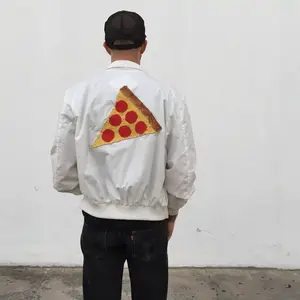 WHITE SATIN BOMBER JACKET WITH PEPPERONI PIZZA PATCH