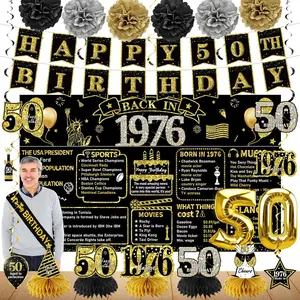 50th Birthday Decorations for Men Women, 21pcs the Year 1976 Banner Balloon Party Supplies, Black Gold 50 Year Old Birthday Backdrop, 50 Bday Honeycomb Centerpiece Hanging Swirls Sash Gifts